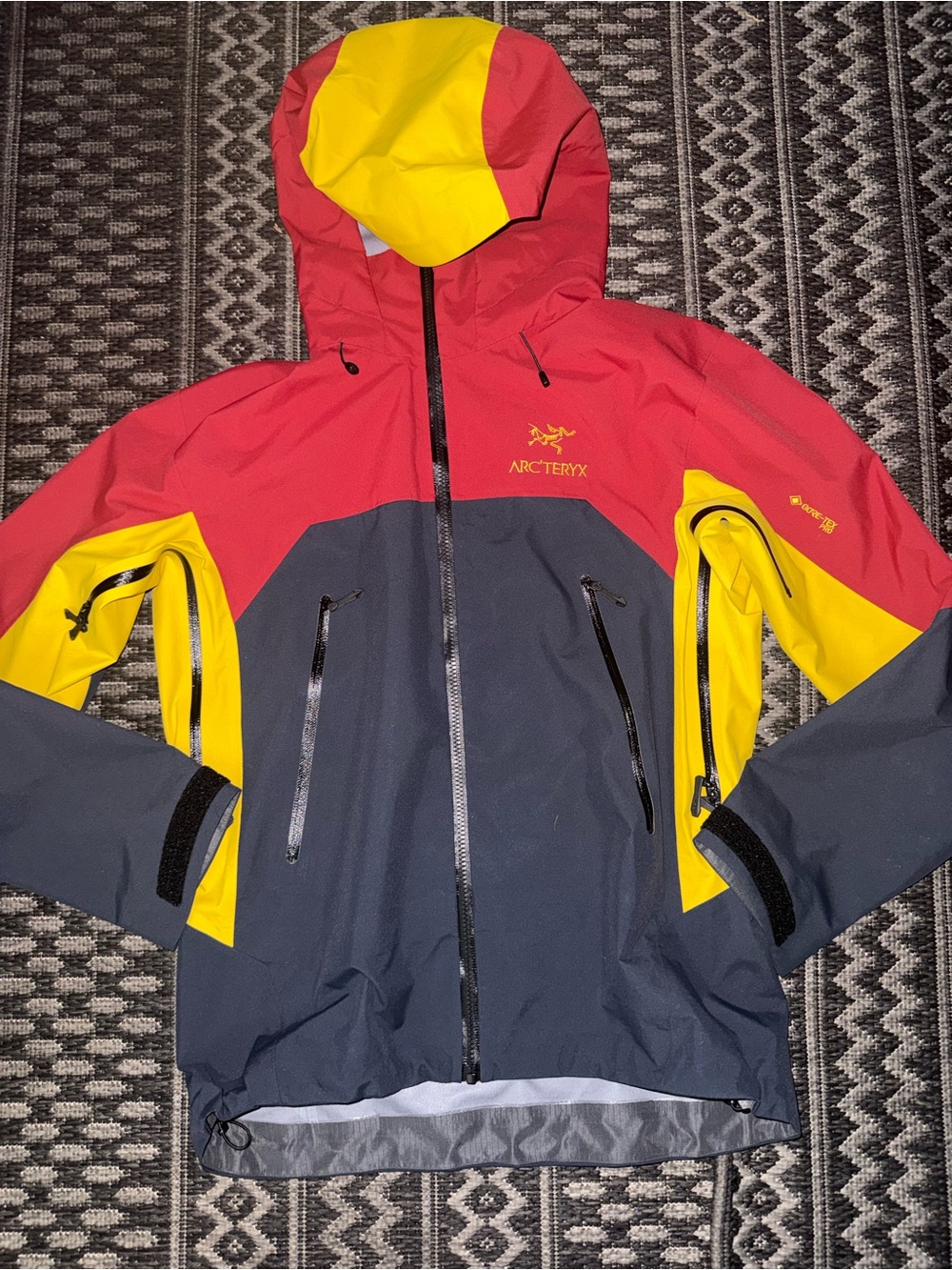 Arc'teryx Red, Yellow and Gray Colorblock Waterproof Shell